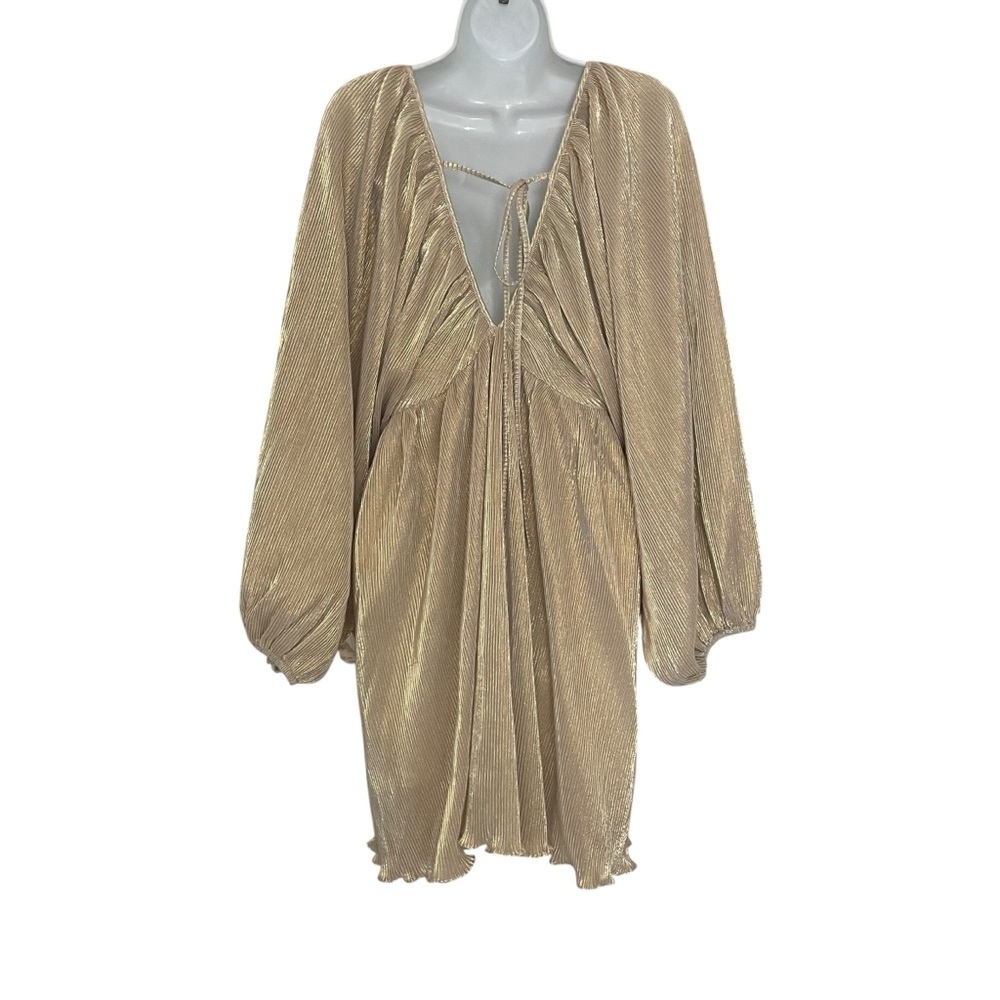 Mable Gold Plunge Neck Flowy Pleated Cocktail Dress Balloon Long Sleeve Mini L - Picture 3 of 13